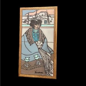 VTG Framed Cleo Teissedre Tiles Native American SW Design 1986 Hand Painted